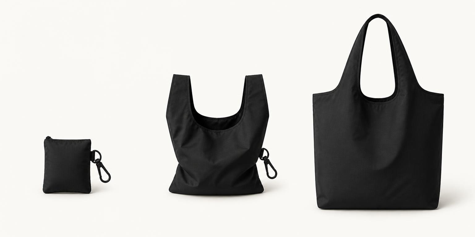 The PLIA Pocket Tote folded, half open and fully open